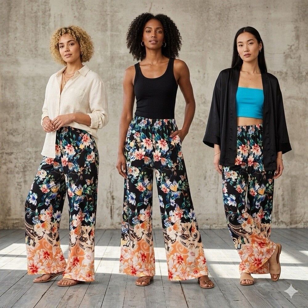 Chico’s Palazzo Pants Womens 14 Black Floral Butterfly Paisley Wide-Leg